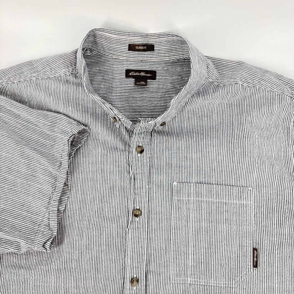 Eddie Bauer Mens 2XL Seersucker Shirt Short Sleeve Striped Classic Fit Navy Blue